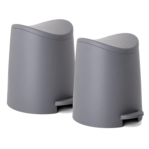 Superio Small Plastic Bathroom Trash Can with Lid 3 Liter Modern Curved Step On Trash Can with Foot Pedal, Mini Kitchen Waste Bin, Durable and Soft Close for Bedroom, Office, Under Desk (Grey-2 Pack)