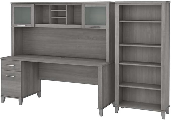 Pemberly Row Office Desk Set, 72W Desk with Hutch and Bookcase, Platinum Gray Engineered Wood, Frosted Glass Doors, Adjustable Shelves, Wire Management, Spacious Home Office Workstation and Storage