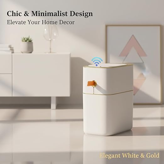 MOPALL Touchless Bathroom Trash Can with Lid, 3 Gallon / 12L Slim Motion Sensor Garbage Bin, Automatic Waste Basket for Bedroom, Office & Narrow Spaces, White & Gold