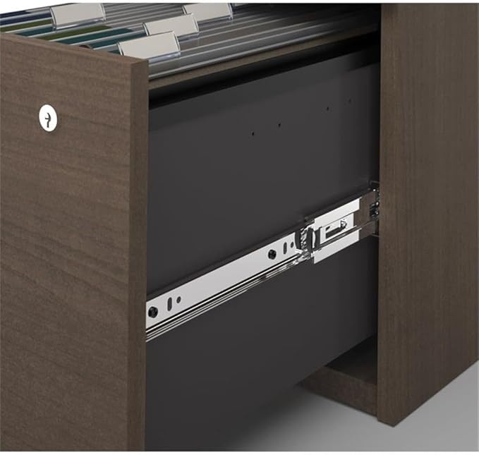 Pemberly Row 66" U-Shaped Desk with Hutch, Bookcase, and File Cabinet, Antigua Finish, Laminated Particle Board, Reversible Office Set for Large Workspace and Storage Solutions