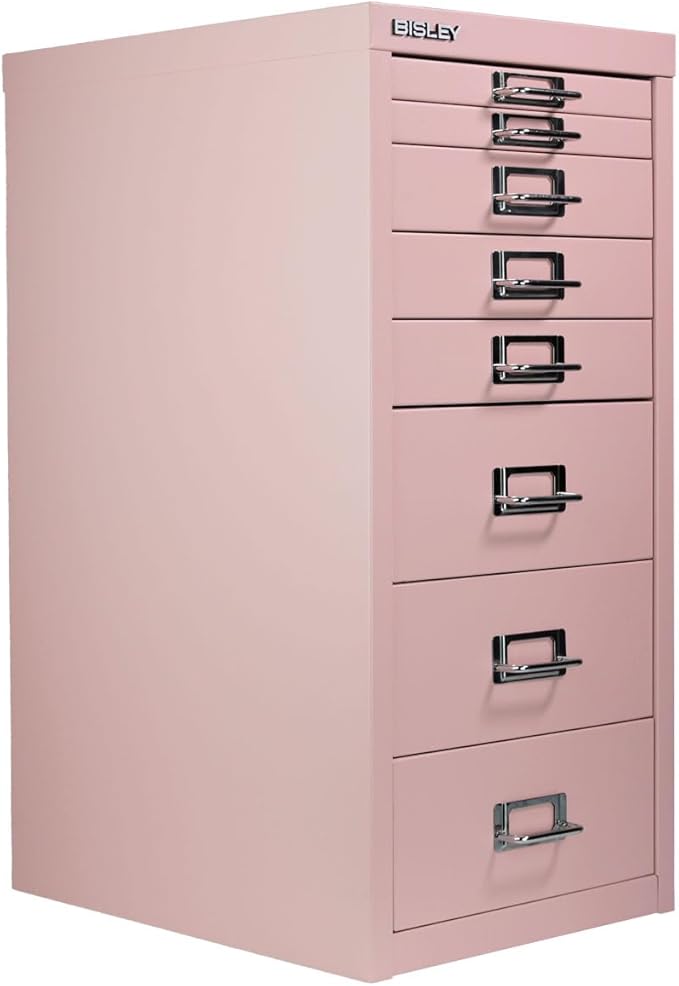 Bisley 8-Drawer Steel MultiDrawer Cabinet - Palest Pink, Chrome Pull Handles with Label Holders, Powder-Coated Steel, Removable Drawers, Fits Under Most Desks, Labels Included
