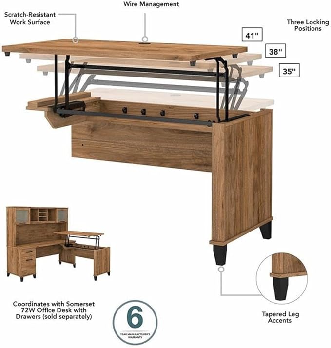 Pemberly Row 72W Sit to Stand L Shaped Desk with Hutch, Fresh Walnut Finish, Engineered Wood, Adjustable Height, Frosted Glass Doors, File Drawer, Ergonomic Office Desk for Home or Workspace