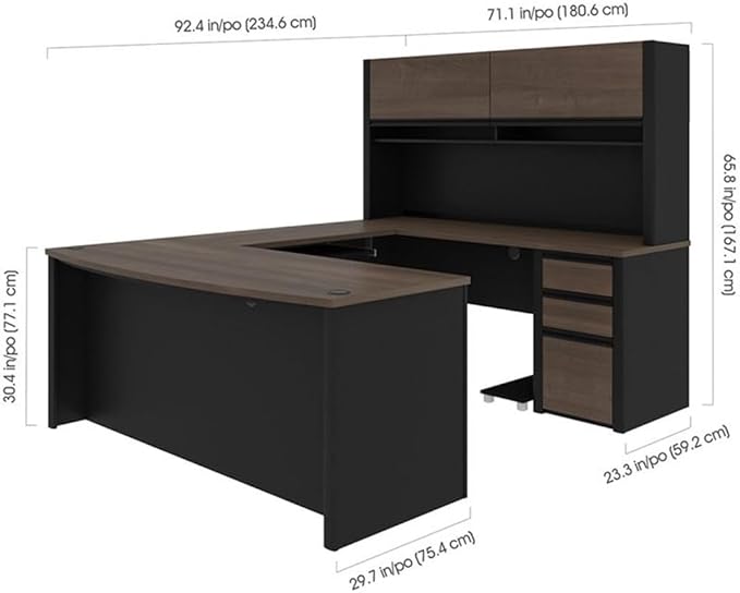 BOWERY HILL U-Shaped Computer Desk with Hutch, 92.6 in x 71.1 in x 65.9 in, Antigua and Black Finish, Commercial Grade Particle Board, Lockable Drawers, Reversible Design, Home or Office Workstation