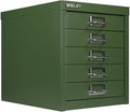 Bisley 5-Drawer Steel MultiDrawer Cabinet - Olive Green, Chrome Pull Handles with Label Holders, Powder-Coated Steel, Removable Drawers, Desktop Storage, Labels Included