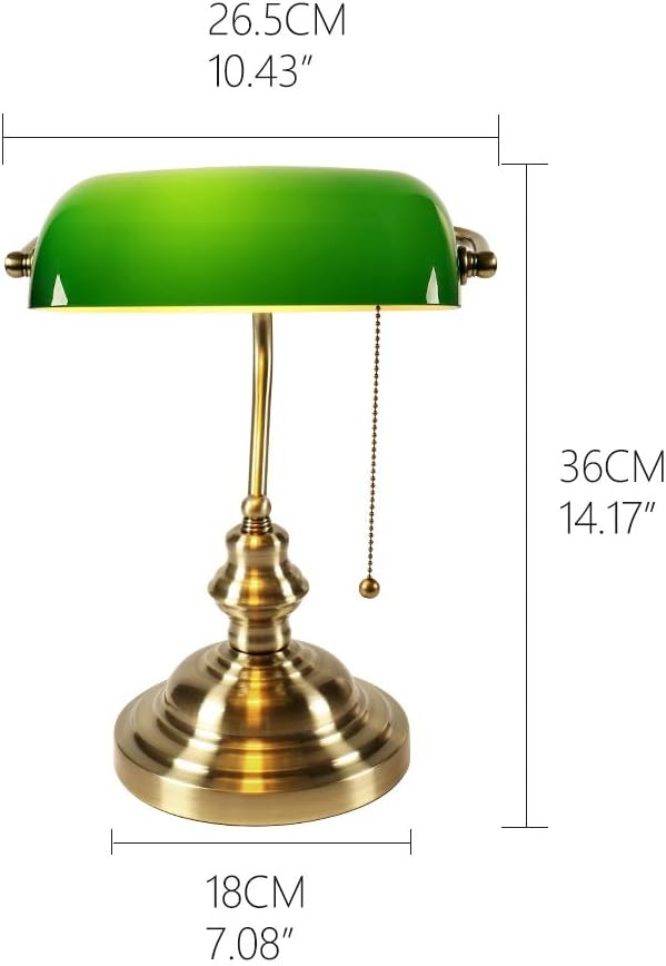 FIRVRE Green Glass Bankers Desk Lamp, Vintage Lamp with Brass Base, Traditional Library Lamp with Pull Chain for Home Office, Study Room (LED Bulb Included)