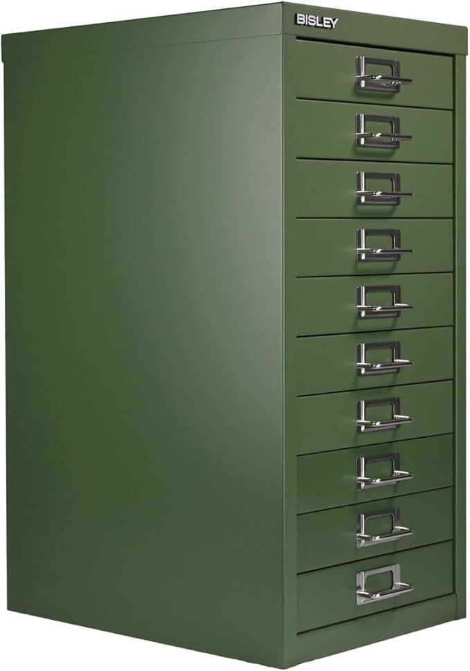Bisley 10-Drawer Steel MultiDrawer Cabinet - Olive Green, Chrome Pull Handles with Label Holders, Powder-Coated Steel, Removable Drawers, Fits Under Most Desks, Labels Included