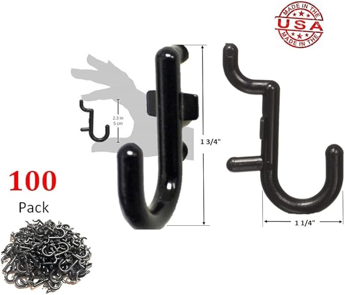 WallPeg 100Pcs Pegboard Accessory Peg Hook Set – Durable, Self-Locking Black 1/4" J-Style FlexLock Peg Hooks for Hanging Tools, Storage, and Wall Organization