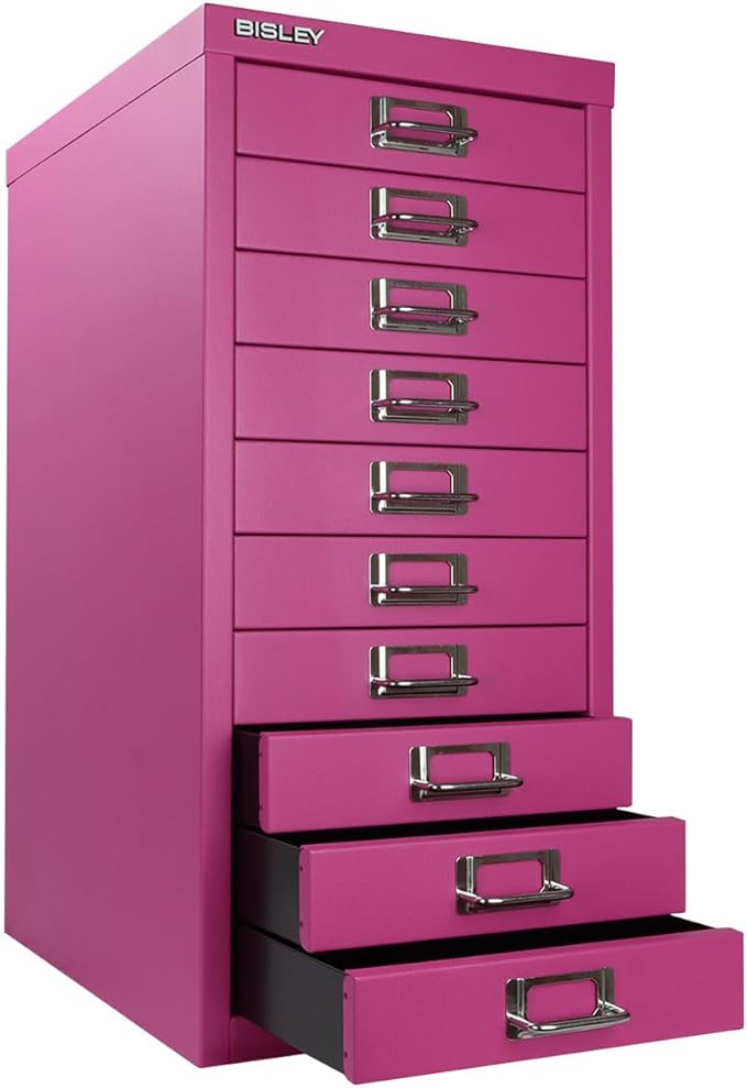 Bisley 10-Drawer Steel MultiDrawer Cabinet - Fuchsia, Chrome Pull Handles with Label Holders, Powder-Coated Steel, Removable Drawers, Fits Under Most Desks, Labels Included