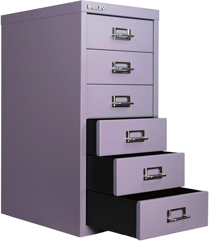 Bisley 6-Drawer Steel MultiDrawer Cabinet - Lilac, Chrome Pull Handles with Label Holders, Powder-Coated Steel, Removable Drawers, Fits Under Most Desks, Labels Included