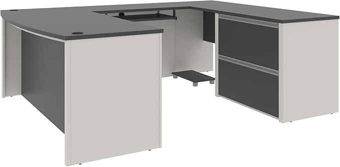 Atlin Designs Modern Wood U-Shape Home Office Desk Set, Slate Gray and White Finish, Commercial Grade with Pedestal, Ball-Bearing Slides, Grommets, 30.4"H x 71.1"W x 92.6"D, Functional Office Solution