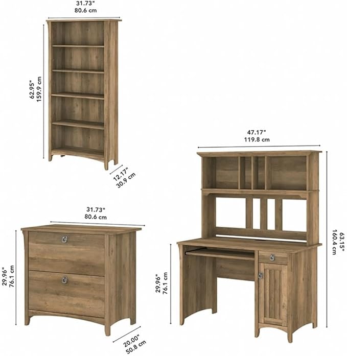 Pemberly Row Office Set, Desk with Hutch, Storage Cabinet & 5-Shelf Bookcase, Engineered Wood, Reclaimed Pine Finish, Compact Workspace Furniture for Home Office