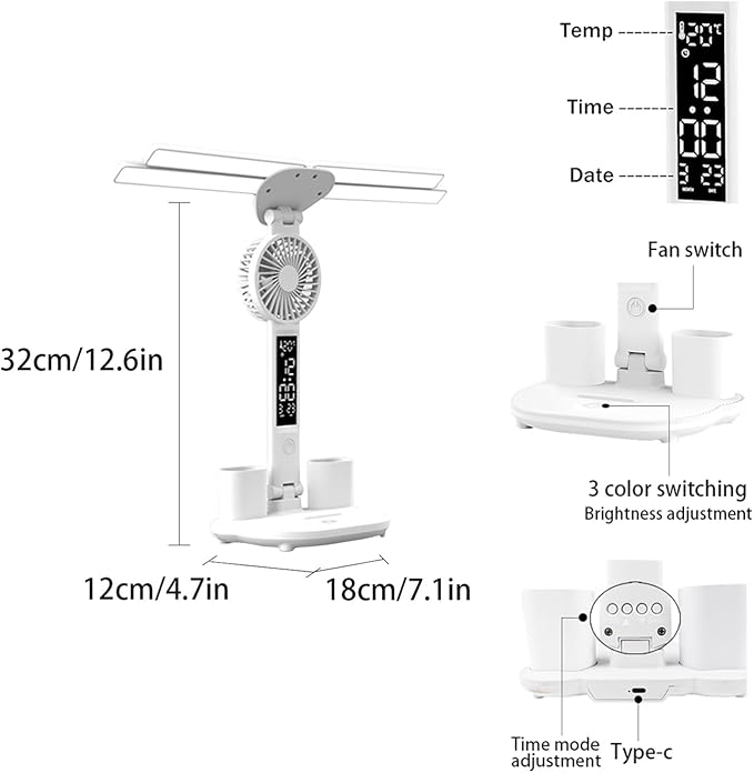 Led Desk Lamp with Fan Study Light with Clock, Adjustable Foldable Table Lamp with Pen Holder, 3 Brightness Levels, USB Charging Port