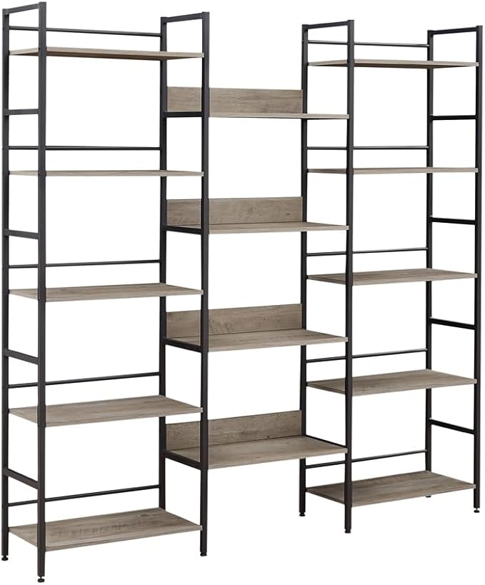 SKYXIU Triple Wide 5 Tier Bookshelf,Rustic Industrial Style Bookcases and Bookshelves with 14 Open Display Shelves,Large Open Bookshelves for Home&Office