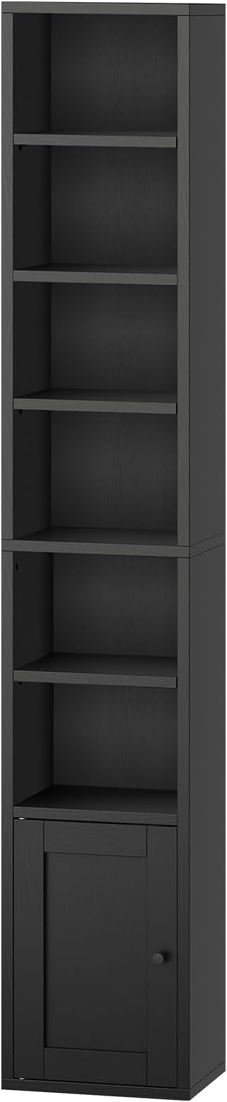 RALGEND 7-Tier Tall Narrow Bookshelf with Door, 11.8 X 9.3 X 70.9 Inches CD DVD Slim Media Tower Rack with Storage Cabinet, Adjustable Shelves, Skinny Bookshelf Display Bookcase for Home Office, Black