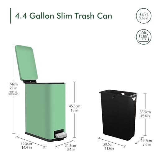 Green 16.7L/4.4 Gallon Bathroom Trash Can with Lid. Features a Removable Inner Bucket, a Soft - Close Lid, and a Stainless - Steel Step Pedal. Ideal for Use In The Bathroom, Kitchen, and Home Office
