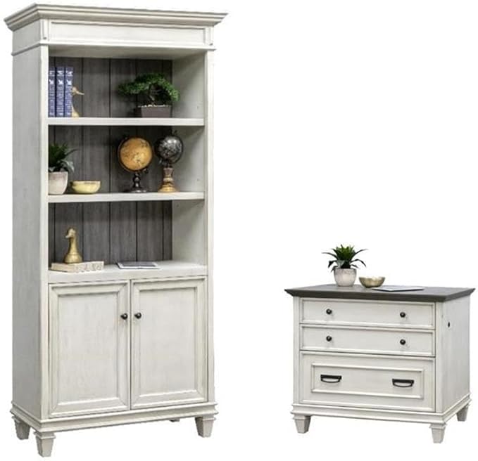 BOWERY HILL Set of 2 Wood Bookcase with Doors & Lateral Filing Cabinet in White