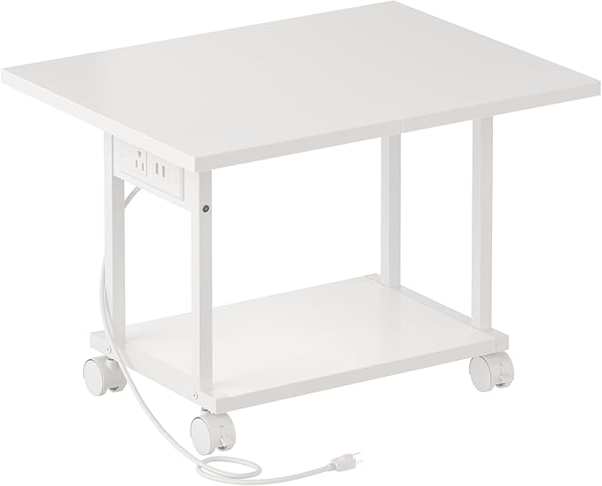 Asgolion Printer Table, 2-Tier Under Desk Printer Stand with Charging Station, Printer Stand with Wheels, PrinterShelf for Small Spaces, Printer Cart for Home Office White