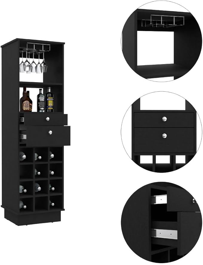 Bar Cabinet Bureck, Two Drawers, Twelve Wine Cubbies, Black Wengue Finish