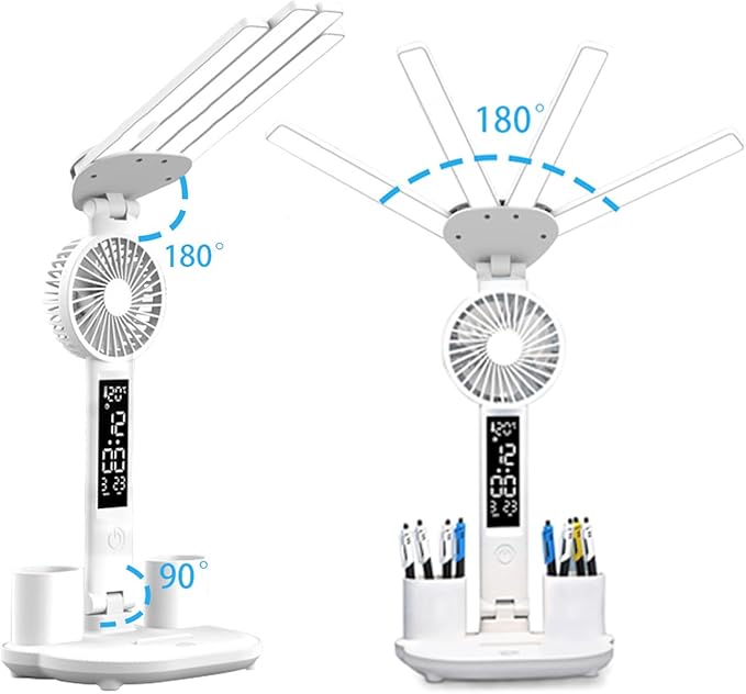 Led Desk Lamp with Fan Study Light with Clock, Adjustable Foldable Table Lamp with Pen Holder, 3 Brightness Levels, USB Charging Port