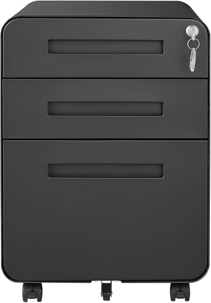 Garvee 3 Drawer File Cabinet with Lock, Under Desk Mobile Metal Filing Cabinet for Home Office, 5 Wheel Anti-Tilt Rolling File Cabinets for A4/Letter/Legal Size, Fully Assembled
