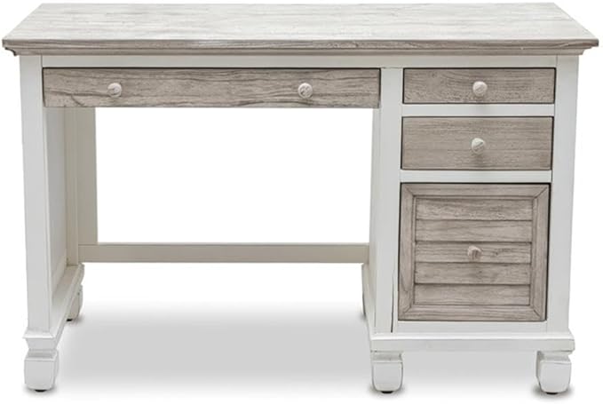 Pemberly Row Coastal Wood Desk & Chair Set, Distressed Gray/White Finish, Solid Mindi Wood, 48" Desk with 4 Drawers, Full-Extension Slides, Hanging File Storage, Home Office Furniture