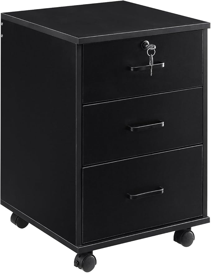 OFCASA 3 Drawer Mobile File Cabinet with Lock, Wooden Under Desk Filing Cabinet with Wheels, Small Rolling Storage Cabinet for Home Office Organizer A4/Letter Size/Legal, Black