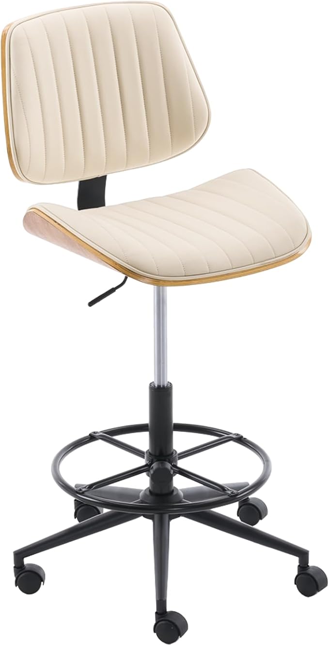 Drafting Home Office Chair, Swivel Desk Chair with Bend Wood Backrest, Ergonomic Office Chairs with Adjustable Height and Footrest Ring for Bar Lab Counter Height Desk and Drawing (Ivory)