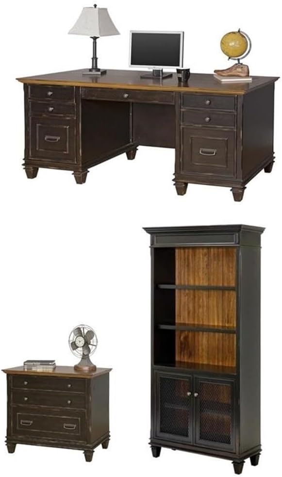 BOWERY HILL Set of 3 Double Pedestal Desk & Bookcase with Doors & Filing Cabinet