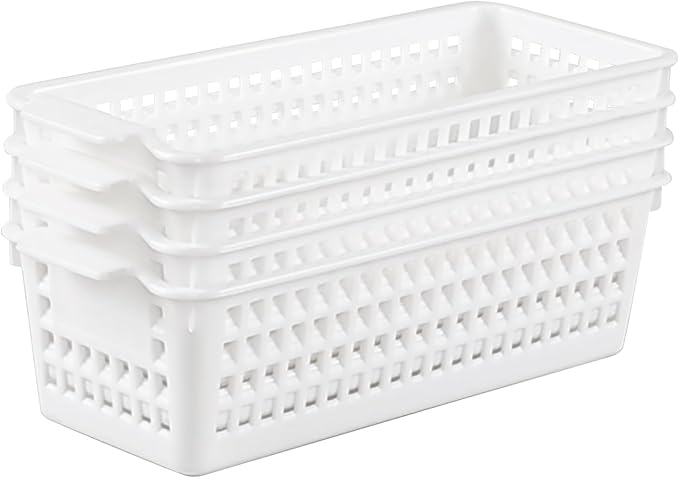 Anbers 4 Pack Slim Storage Baskets for Shelves, Small Plastic Organizing Baskets, White
