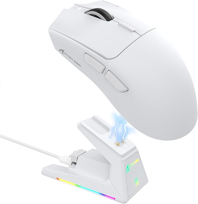 ATTACK SHARK X1 Ultralight Wireless Gaming Mouse with Magnetic RGB Charging Dock,PixArt PAW3395 Pro Sensor,40000DPI,BT/2.4Ghz/Wired,1K Polling,Optical Micro Switch,Web Driver for PC Mac Gamer(White)