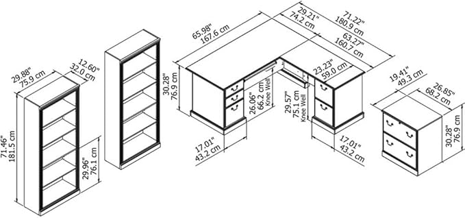 Pemberly Row L Shaped Office Desk Set, Engineered Wood, Harvest Cherry Finish, Includes 66W Desk with Drawers, 2 Five-Shelf Bookcases, 2-Drawer Lateral File Cabinet, Traditional Home Office Furniture