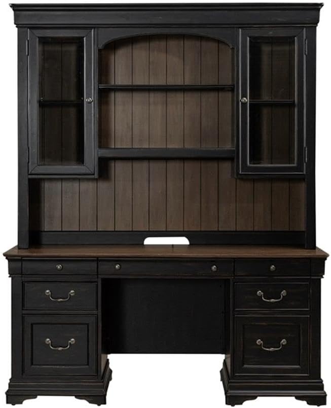 Pemberly Row Modern 5 Piece Jr Executive Desk Set, Aged Charcoal Finish, Poplar Solids with Birch & Maple Veneers, Includes Desk, Credenza & Hutch, LED Lighting, Locking File Drawers for Office Use