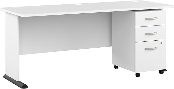 Bush Business Furniture Studio A 72W Computer Desk with 3 Drawer Mobile File Cabinet in White, Commercial-Grade Gaming and Work Table for Home or Professional Office