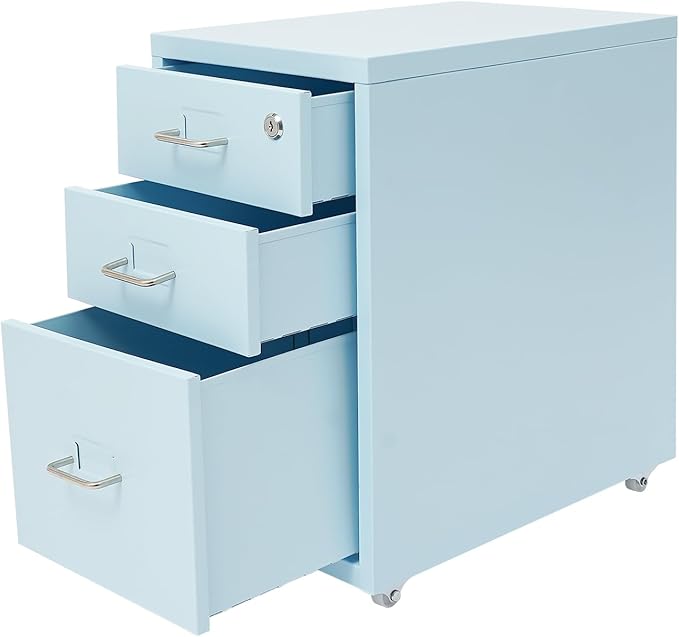 File Cabinet with Lock, 3-Drawer Vertical File Cabinet, 11 * 16 * 18.3In Metal File Cabinet with Wheels for Home Office (Blue)