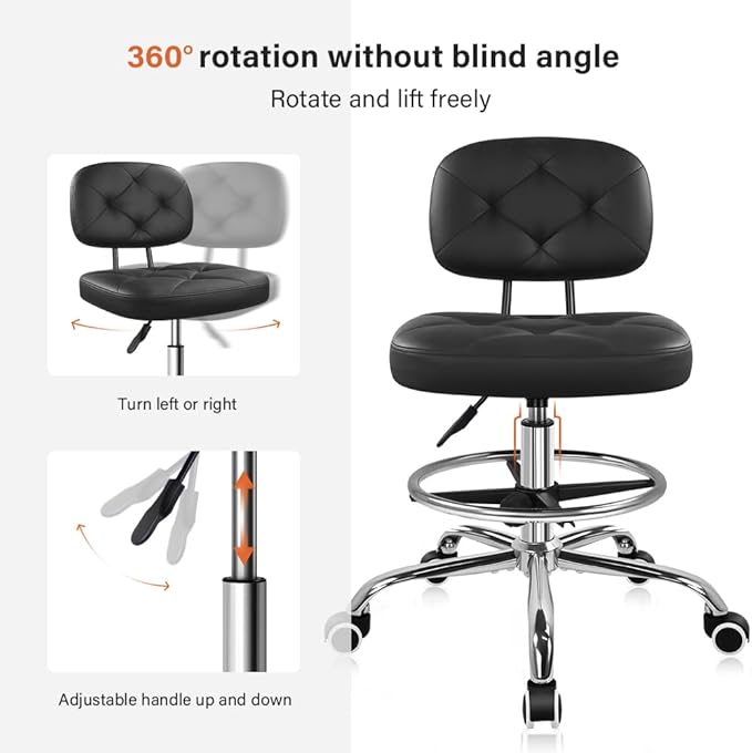KKTONER Drafting Chair with Backrest Rolling Stool with Wheels Adjustable Footrest Swivel Chair Height Adjustable Office Chair for Shop Counter Studio Work Bar Kitchen (Black)