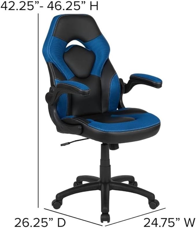 BOWERY HILL 2 Piece Gaming Desk Set, Black Laminate Desk with Blue Mesh Gaming Chair, Ergonomic Design, Cable Management, Monitor Stand, Cup Holder and Headset Hook, Contemporary Gaming Setup
