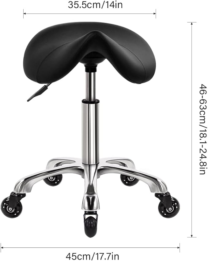 WKWKER Heavy Duty Saddle Rolling Stool with Wheels Hydraulic Swivel Adjustable Rolling Stool Ergonomic Thick Leather Seat Chair for Kitchen Drafting Lab Office Salon Massage – Black