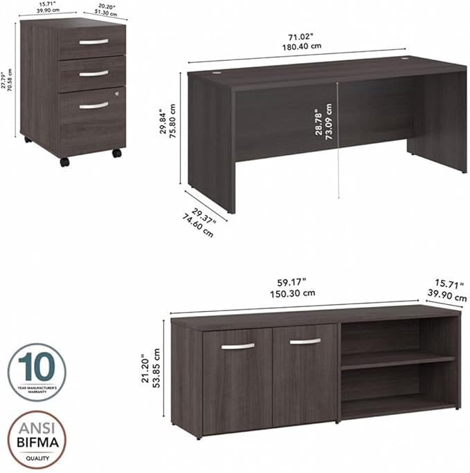 BOWERY HILL Engineered Wood 72W Office Desk Set, Storm Gray Finish, Includes Desk, Storage Credenza, Mobile File Cabinet with Drawers, Wire Management, Adjustable Shelves, Ideal for Home or Business