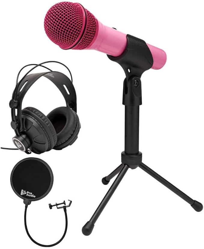 SAMSON Q2U USB and XLR Handheld Dynamic Microphone with Cardioid Polar Pattern (Pink) Bundle with TX-100 Studio Monitor Headphones (Black), and Pop Filter (3 Items)