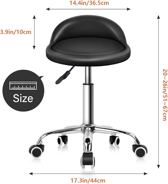 KKTONER PU Leather Round Rolling Stool with Back Rest Height Adjustable Swivel Drafting Work SPA Task Chair with Wheels Black