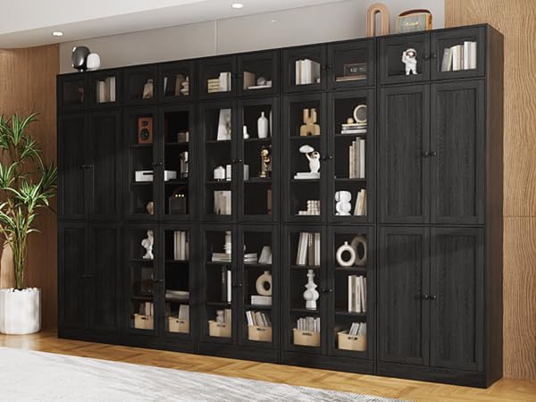 VOWNER 85.5" Tall Wooden Bookshelf 5 Sets, Storage Cabinet with Glass Doors, 7 Tier Bookcase for Living Room, Pantries with Doors and Shelves, Modern Large Storage for Home Office (Black)