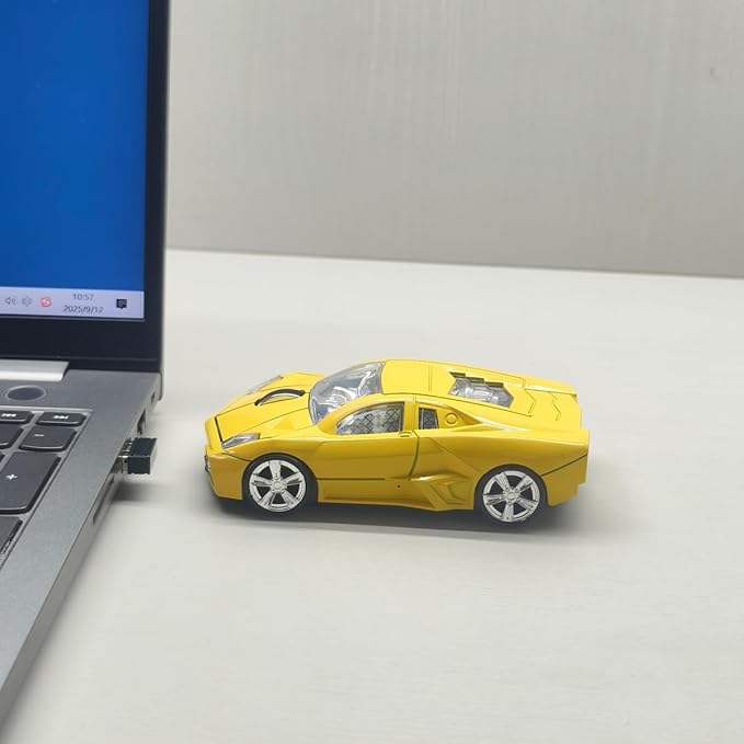 Wireless Sports Car Shaped Mouse Computer Mice Optical 2.4GHz with Headlight 1600DPI for PC Laptop MAC (Yellow)