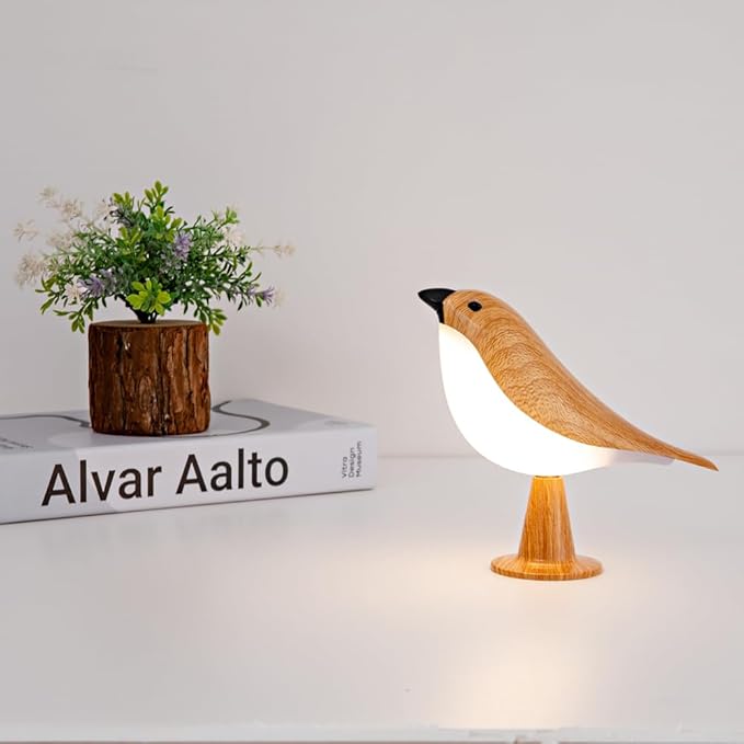 Remote controlled bird desk lamp with wood grain color, rechargeable small desk lamp with 3 color temperatures, remote control and touch sensor, capable of playing bird calls, built-in battery drive
