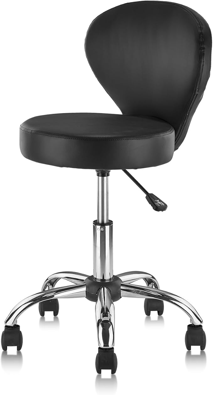 KLASIKA Pu Leather Round Rolling Swivel Salon Stool Chair, with Adjustable Height and Back Support for Office Massage Facial Spa Medical Drafting Tattoo Beauty Barber Black 1PK