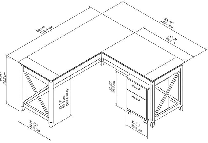 Bush Home Key West 60W L Shaped Desk with 2 Drawer Mobile File Cabinet in Pure White Oak