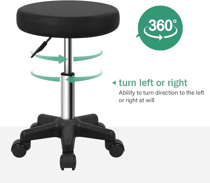 FURWOO Round Rolling Stool Height Adjustable Stool with Wheels for Spa Salon Massage Black