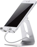 Amazon Basics Adjustable Aluminum Phone Stand for Cell Phones, iPhone and Android, Desktop Phone Holder with Adjustable Angle, Hands-Free Viewing, 3.15 x 2.87 x 3.74 inch, Silver