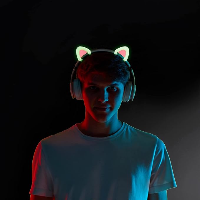 REEYEAR Glow in Night Cute Cat Ears Fits for HypreX Cloud/Cloud Stinger/Cloud Flight Headsets, Universal Fit Lovely Kitty Adjustable Attachment Straps for Gaming Headphone,Light Yellow&Pink