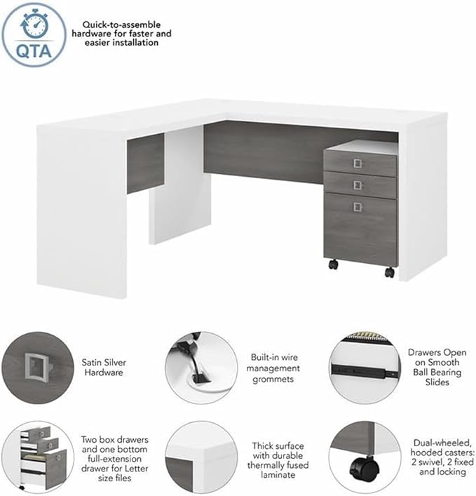 Bush Business Furniture Echo L Shaped Desk with Mobile File Cabinet in Pure White and Modern Gray, Modern Corner Table with Drawers for Home or Professional Office