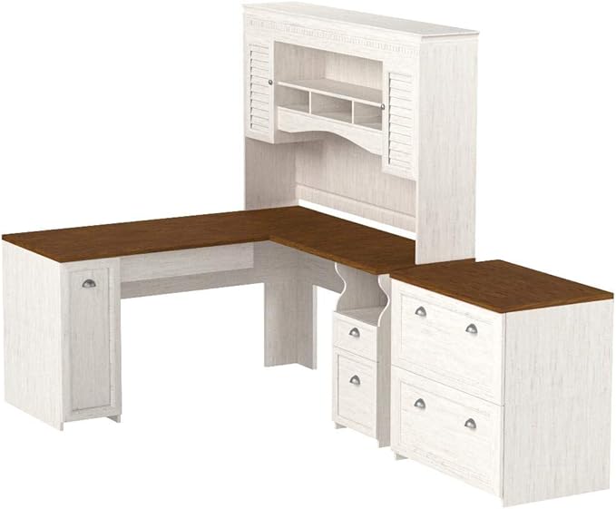 Bush Home Fairview 60W L Shaped Desk with Hutch and Lateral File Cabinet in Antique White and Tea Maple